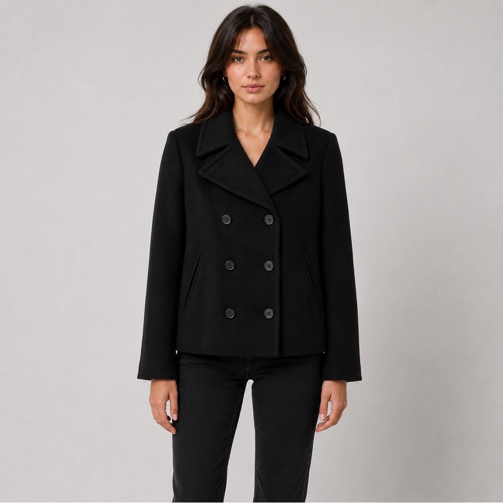 Prada Black Virgin Wool Double Breasted Peacoat Jacket Womens IT 44 US 8 / 10